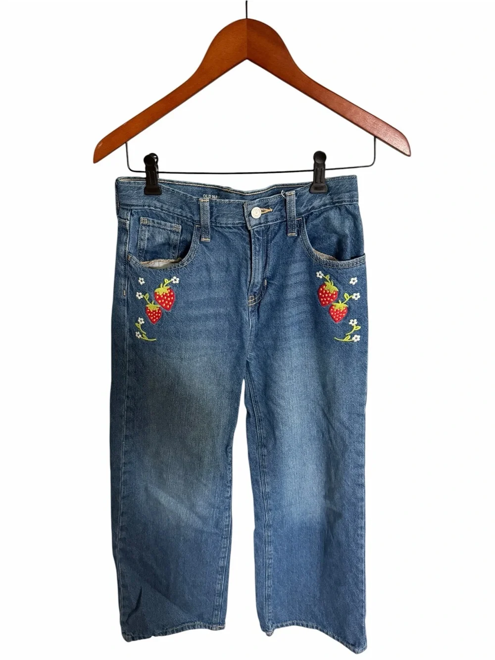 Old Navy Girl’s Blue Straight-Leg Jeans with Strawberry Embroidery